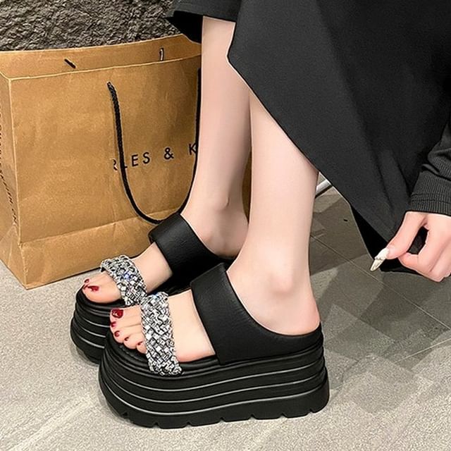 Sleeko-Rhinestone Platform Slide Sandals