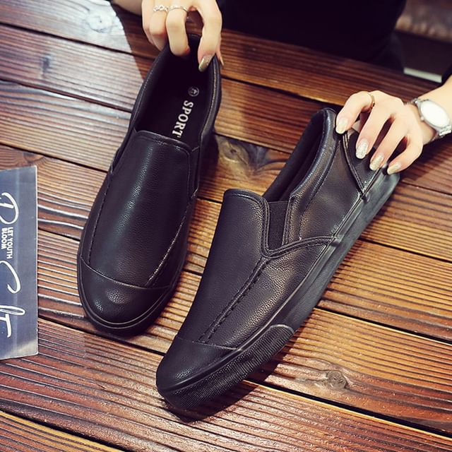 Solejoy-Plain Faux Leather Slip-Ons