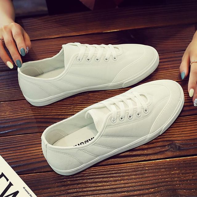 Solejoy-Plain Lace-Up Canvas Sneakers