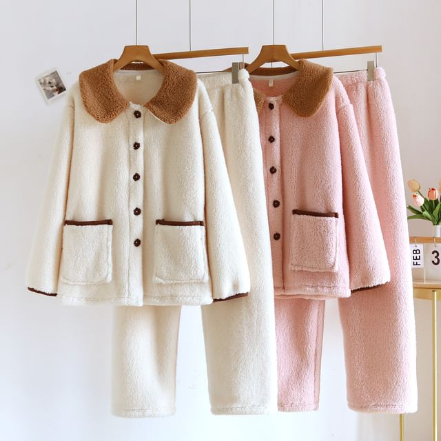 Somnus-Couple Matching Pajama Set Collared Fleece Jacket Pants