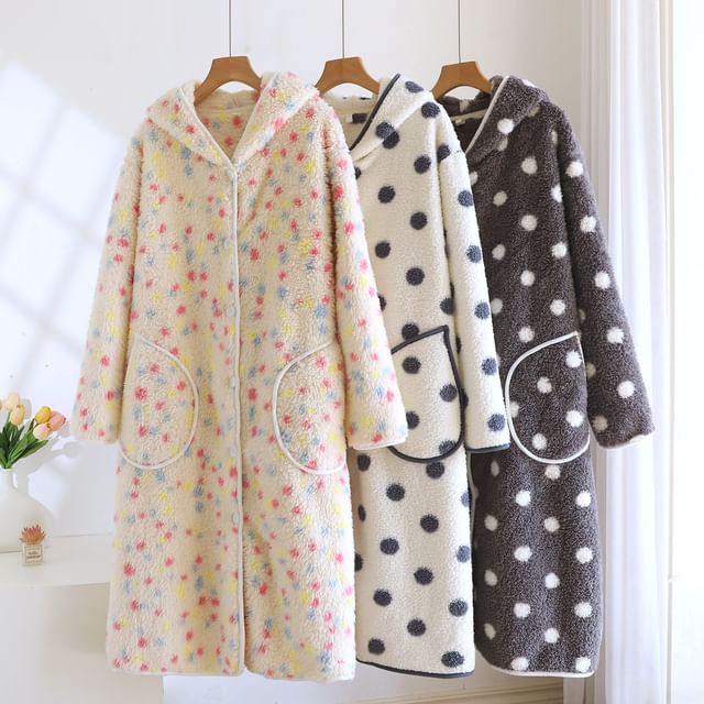 Somnus-Dotted Hooded Flannel Button Pajama Robe