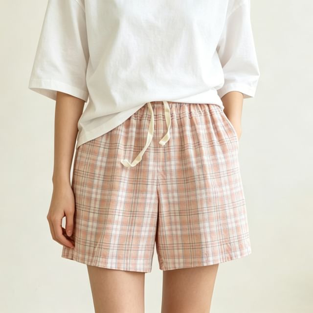 Somnus-Elastic Waist Plaid Lounge Shorts
