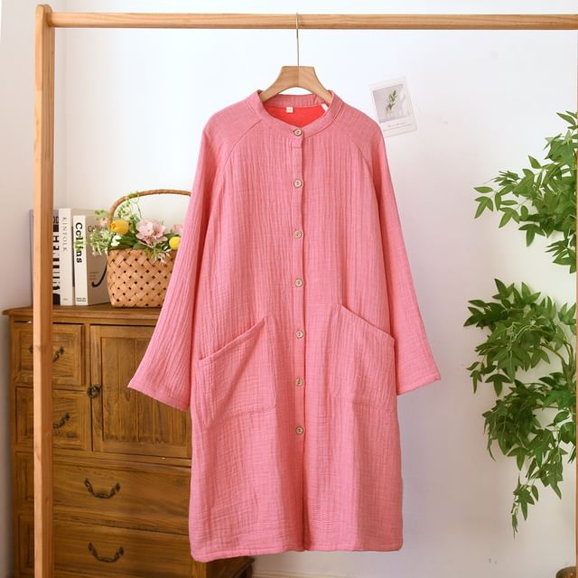 Somnus-Long-Sleeve Plain Button-Up Pajama Robe