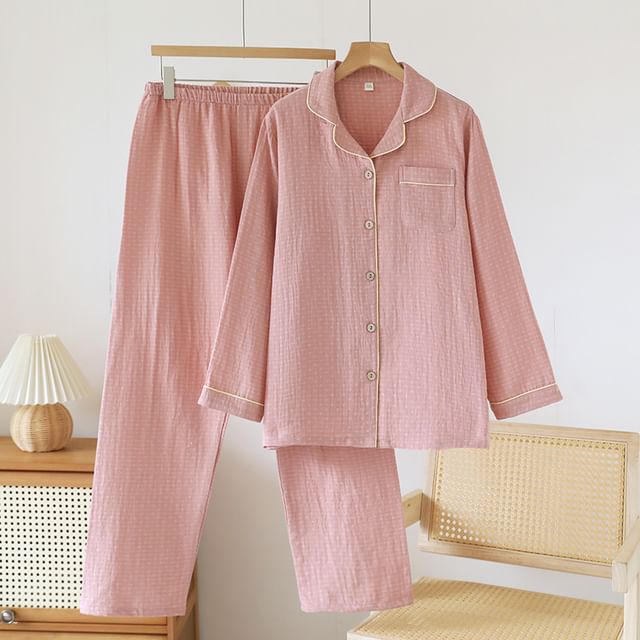 Somnus-Pajama Set Contrast Trim Button-Up Shirt Pants