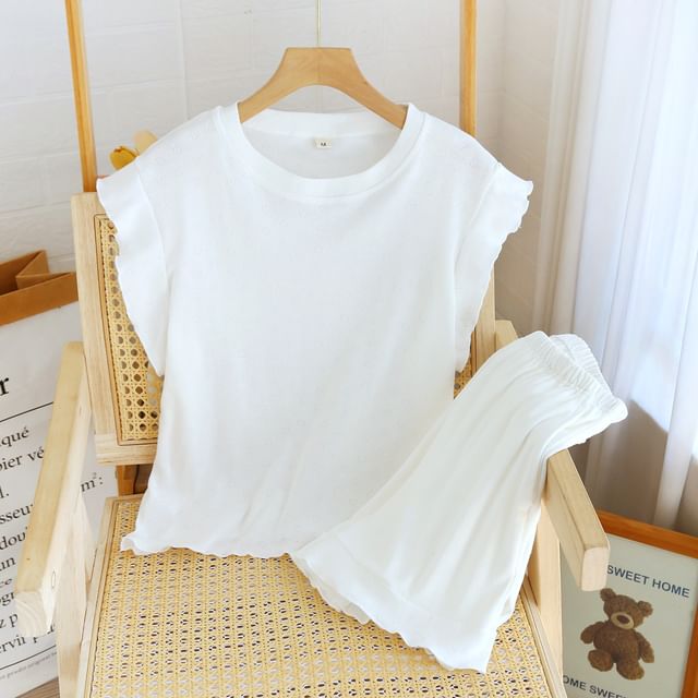 Somnus-Pajama Set Flutter Sleeve Round Neck Plain Top Elastic Waist Shorts