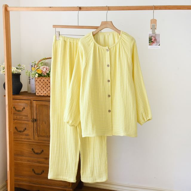 Somnus-Pajama Set Long-Sleeve Gingham Button-Up Shirt Pants