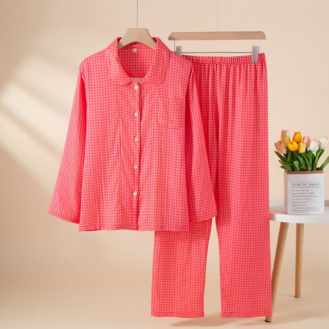 Somnus-Pajama Set Long-Sleeve Gingham Button-Up Shirt Pants
