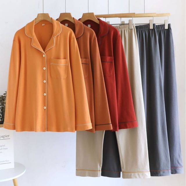 Somnus-Pajama Set Long-Sleeve Lapel Collar Contrast Trim Button-Up Top Pants