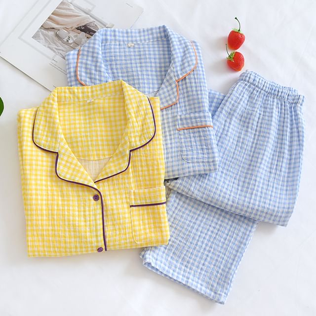 Somnus-Pajama Set Long-Sleeve Lapel Collar Gingham Contrast Trim Button-Up Top Pants
