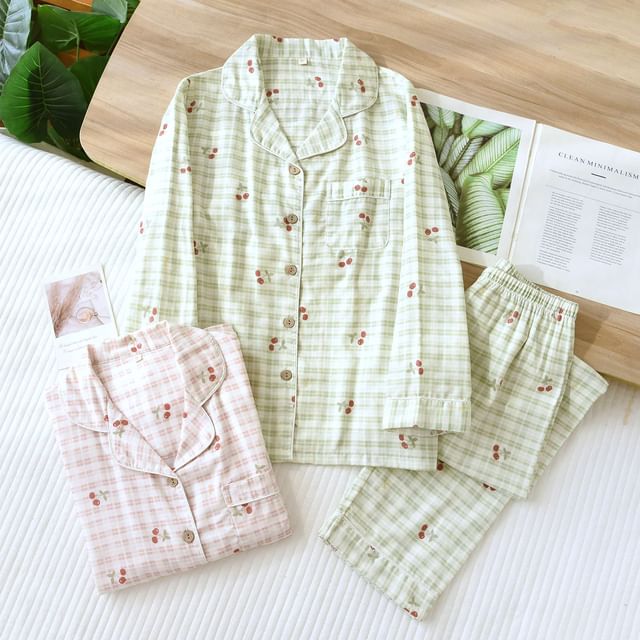 Somnus-Pajama Set Long-Sleeve Plaid Top Pants