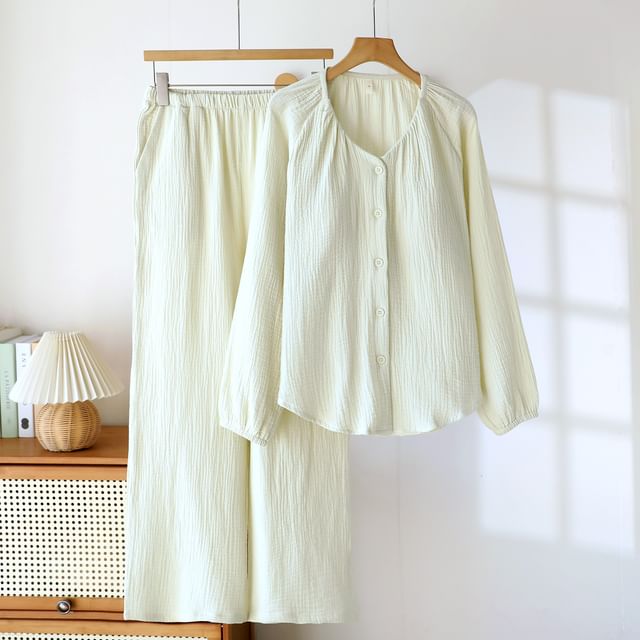 Somnus-Pajama Set Long-Sleeve Plain Button-Up Top Pants