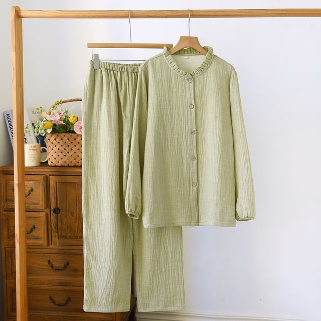 Somnus-Pajama Set Long-Sleeve Plain Ruffled Button-Up Top Pants