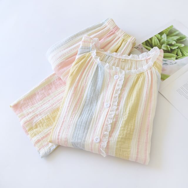 Somnus-Pajama Set Long Sleeve Round Neck Striped Ruffle Button Top Elastic Waist Straight Leg Pants