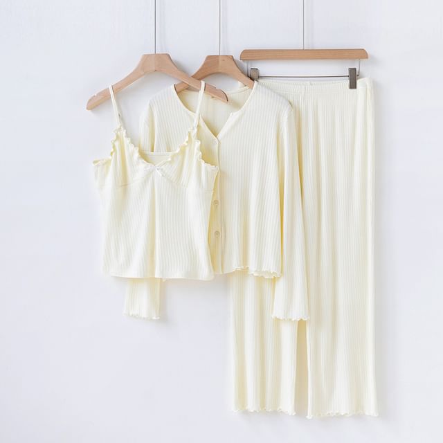 Somnus-Pajama Set Plain Ruffled Camisole Top Long-Sleeve Button-Up Top Pants