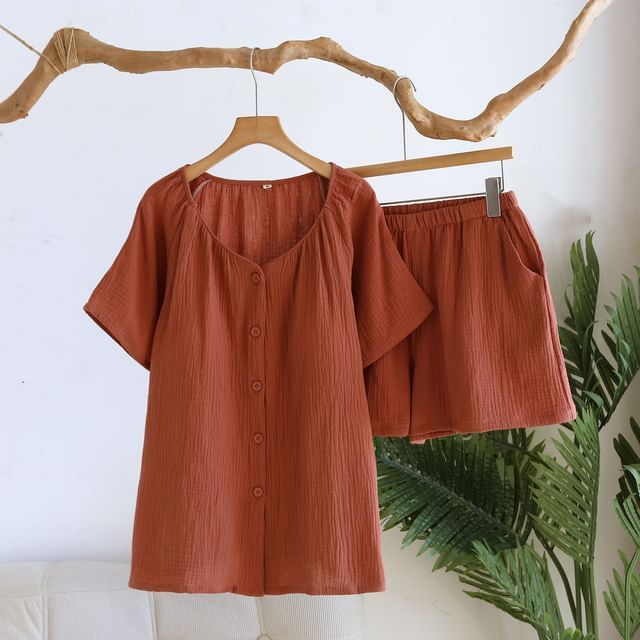 Somnus-Pajama Set Short-Sleeve Plain Button-Up Top Shorts