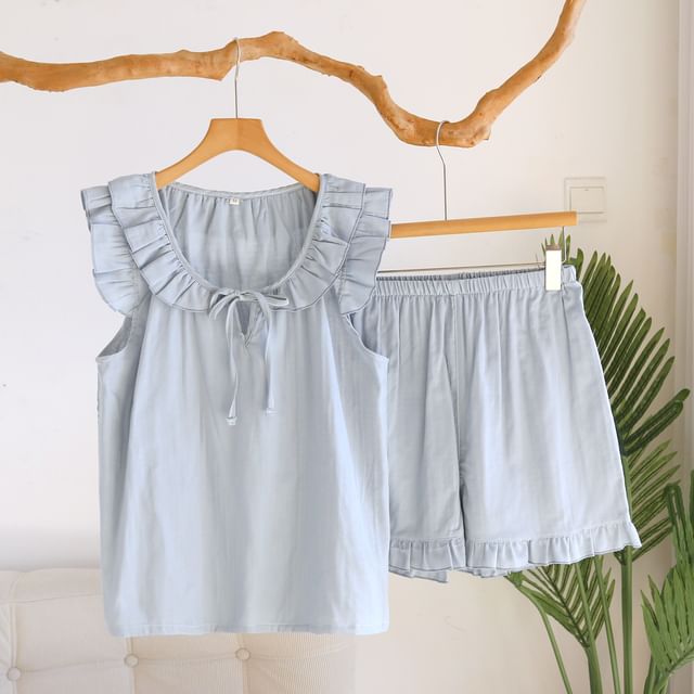 Somnus-Pajama Set Sleeveless Ruffled Plain Top Shorts