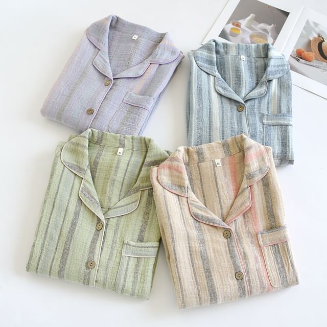 Somnus-Pajama Set Striped Button-Up Shirt Pants