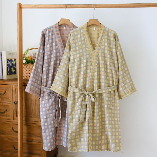 Somnus-Plaid Tie Waist Pajama Robe