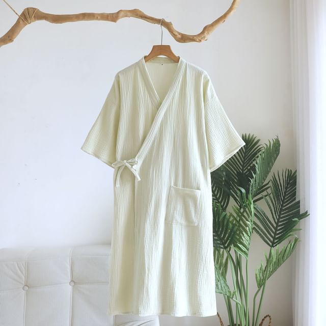 Somnus-Short-Sleeve Plain Wrap Pajama Robe