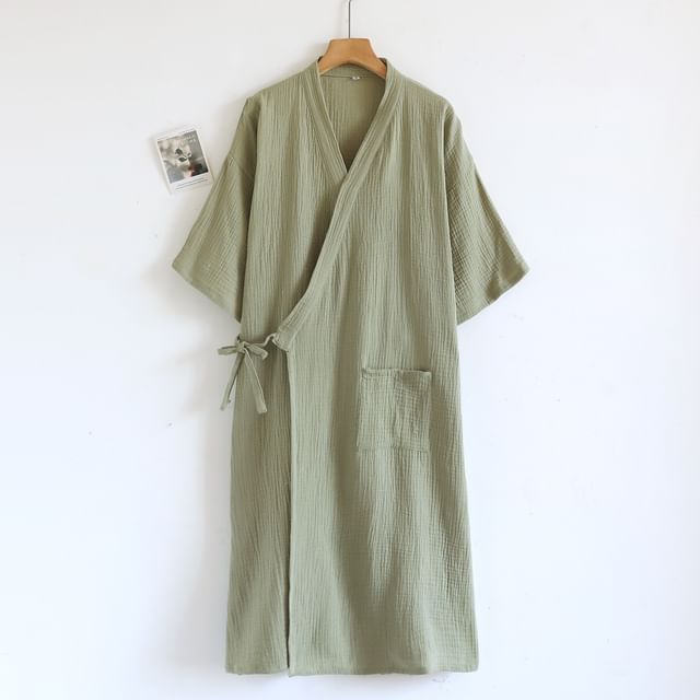 Somnus-Short Sleeve V-Neck Plain Tie-Up Robe
