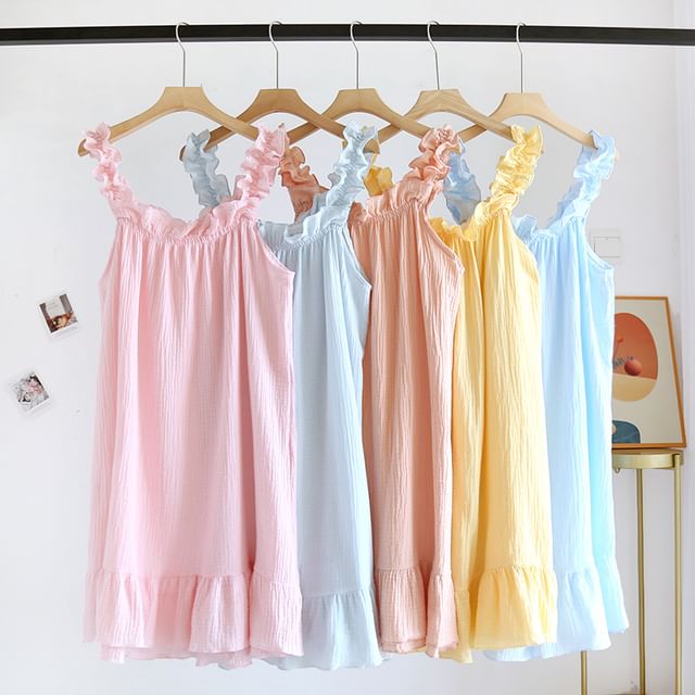 Somnus-Sleeveless Square Neck Plain Ruffle Pajama Dress