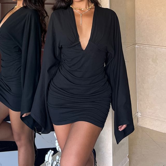 Sosana - Bell Sleeve V-Neck Plain Open-Back Mini Bodycon Dress | YesStyle