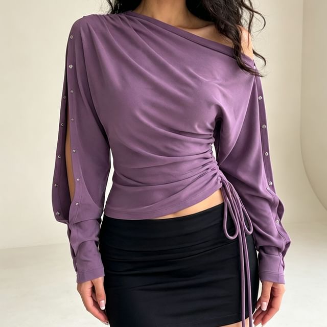 Sosana-Buttoned Long-Sleeve One Shoulder Drawstring Side Plain Knit Top