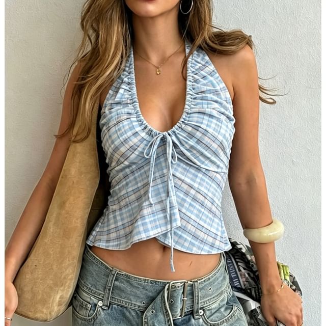 Sosana-Halter Neck Drawstring Plaid Crop Tank Top