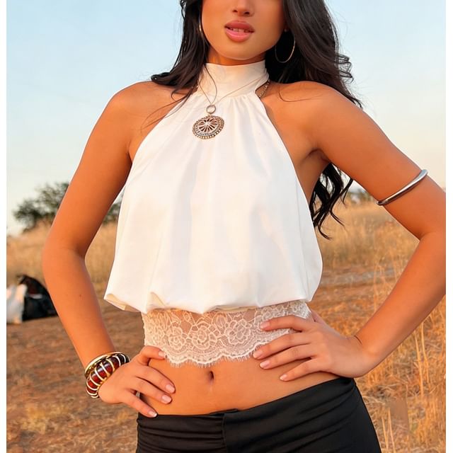 Sosana-Halter Neck Plain Lace Panel Crop Tank Top