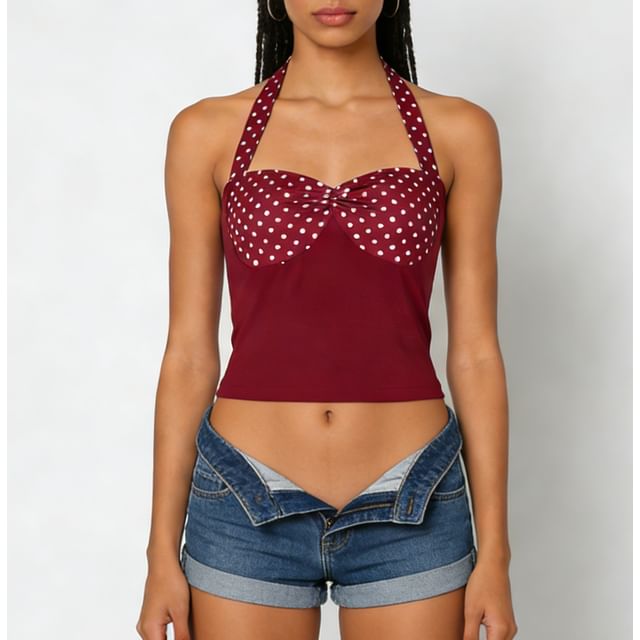 Sosana-Halter Neck Polka Dot Panel Crop Tank Top