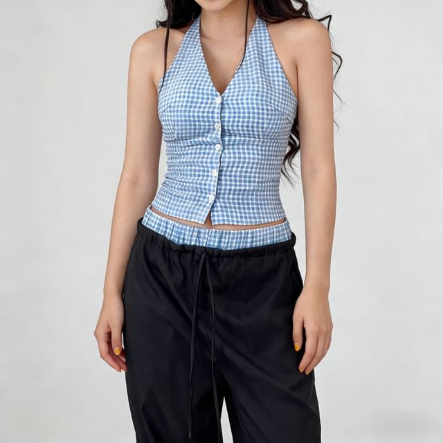 Sosana-Halter Plaid Button Top Drawstring Waist Panel Wide Leg Pants