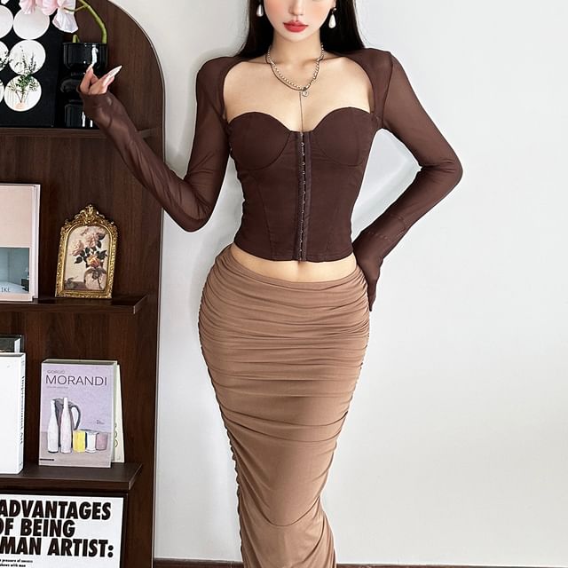 Sosana-L - Long Sleeve Square-Neck Plain Corset Top