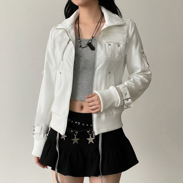 Sosana-Long Sleeve Collared Plain Zip-Up Cargo Jacket