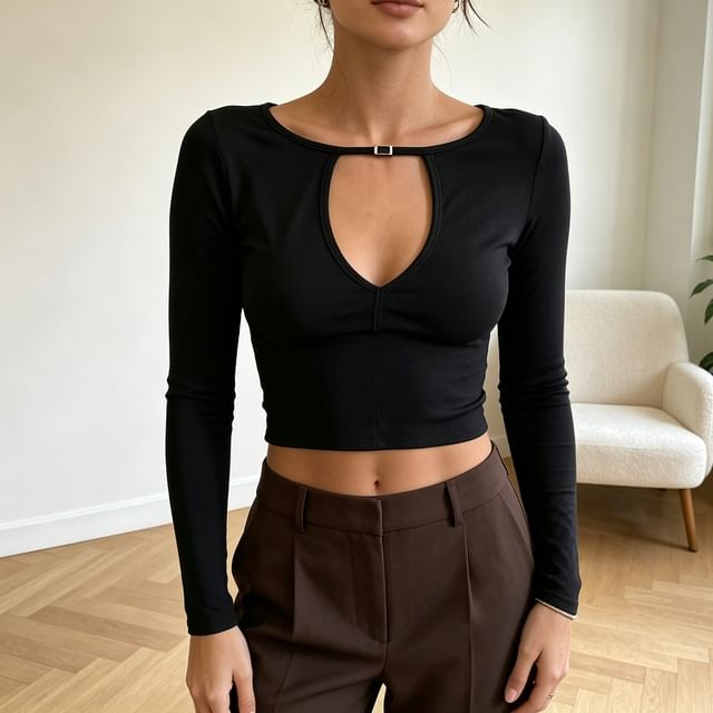 Sosana-Long-Sleeve Cutout Plain Crop Top