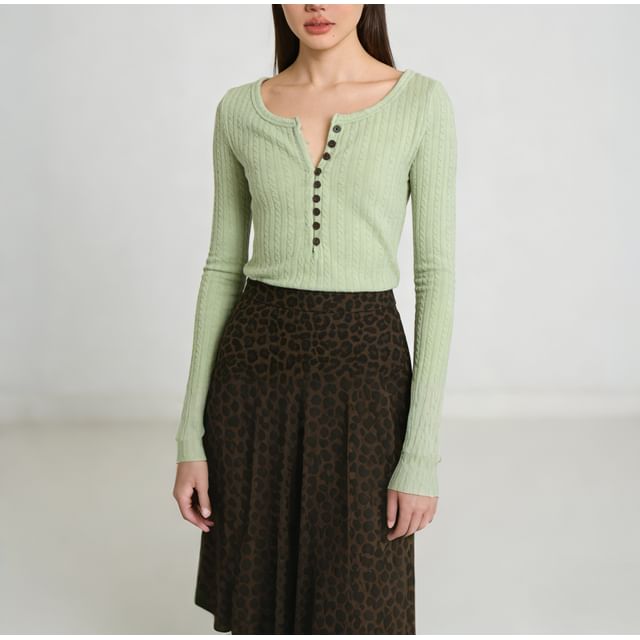 Sosana-Long Sleeve Half Button Plain Cable-Knit Slim-Fit Top