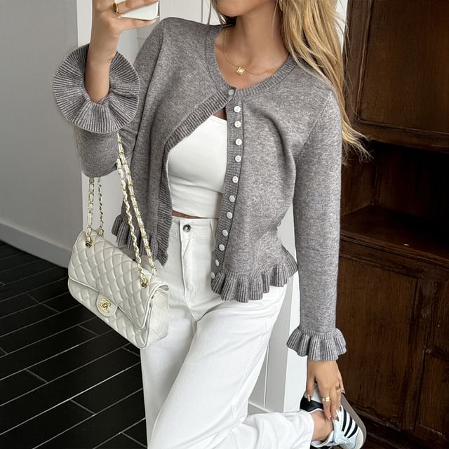 Sosana-Long Sleeve Plain Ruffled-Trim Cardigan