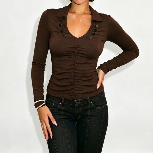 Sosana-Long-Sleeve Scoop Neck Collared Ruched Top