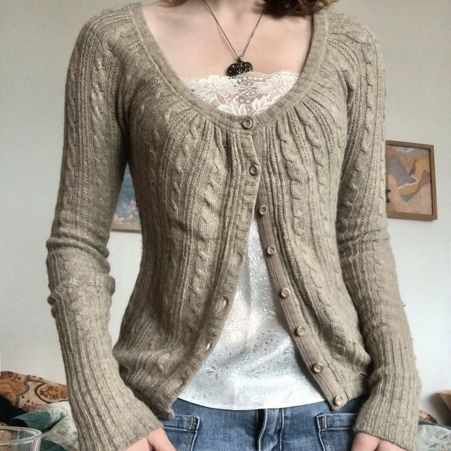 Sosana-Long Sleeve Scoop Neck Plain Cable Knit Button-Up Top