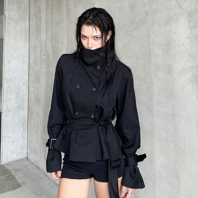 Sosana-Long Sleeve Stand Collar Plain Trench Jacket