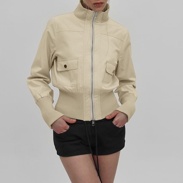 Sosana-Long Sleeve Stand Collar Plain Zip-Up Cargo Jacket