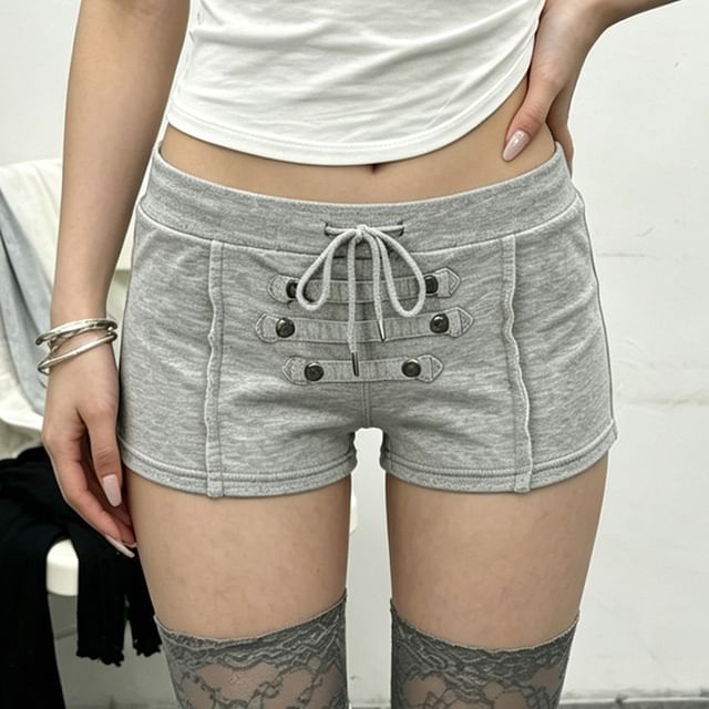 Sosana-Low Waist Drawstring Plain Hot Pants