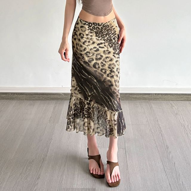 Sosana-Low Waist Leopard Ruffled-Hem Midi Skirt