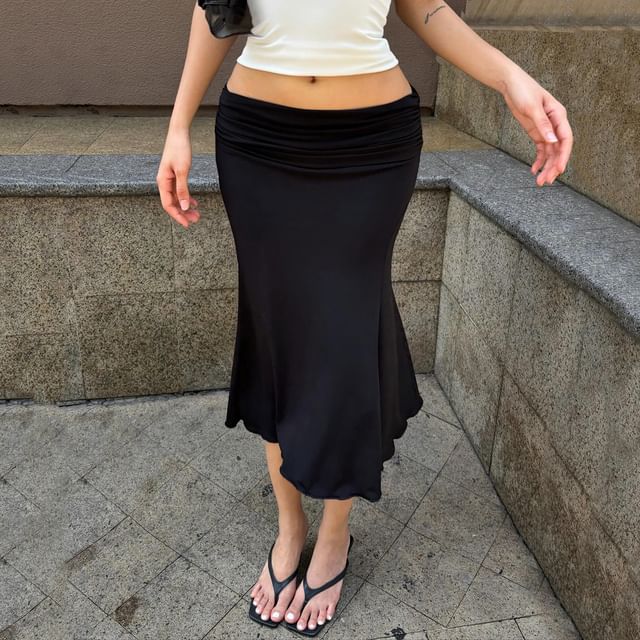 Sosana-Low Waist Plain Fishtail Midi Skirt