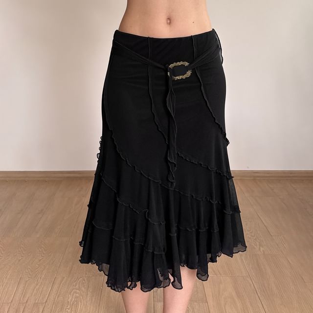 Sosana-Low Waist Plain Mesh Midi Skirt