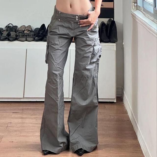 Sosana-Low Waist Plain Pocket Flared Cargo Pants
