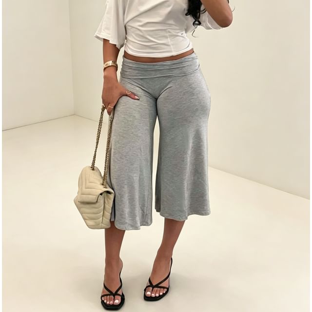 Sosana-Low Waist Plain Wide-Leg Capri Pants