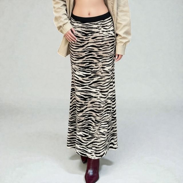 Sosana-Mid Rise Zebra Print Maxi Pencil Skirt