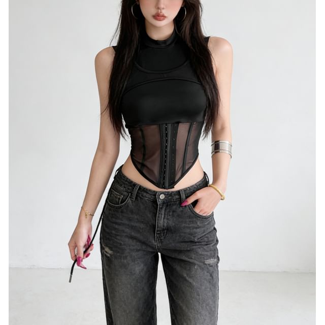 Sosana-Mock Two Piece Plain Mesh Panel Corset Tank Top