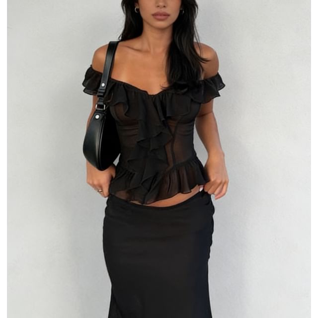 Sosana-Off Shoulder Sheer Ruffled-Trim Crop Blouse