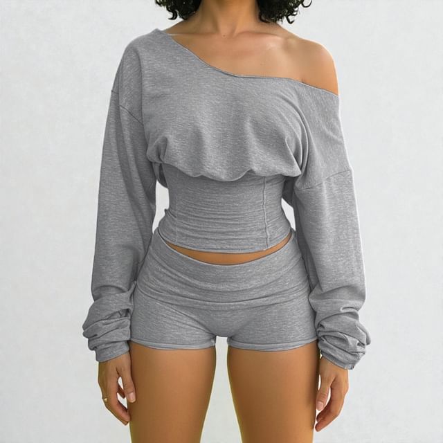 Sosana-Set Long Sleeve Cold Shoulder Plain Slim-Fit Crop Pullover Low Waist Hot Pants